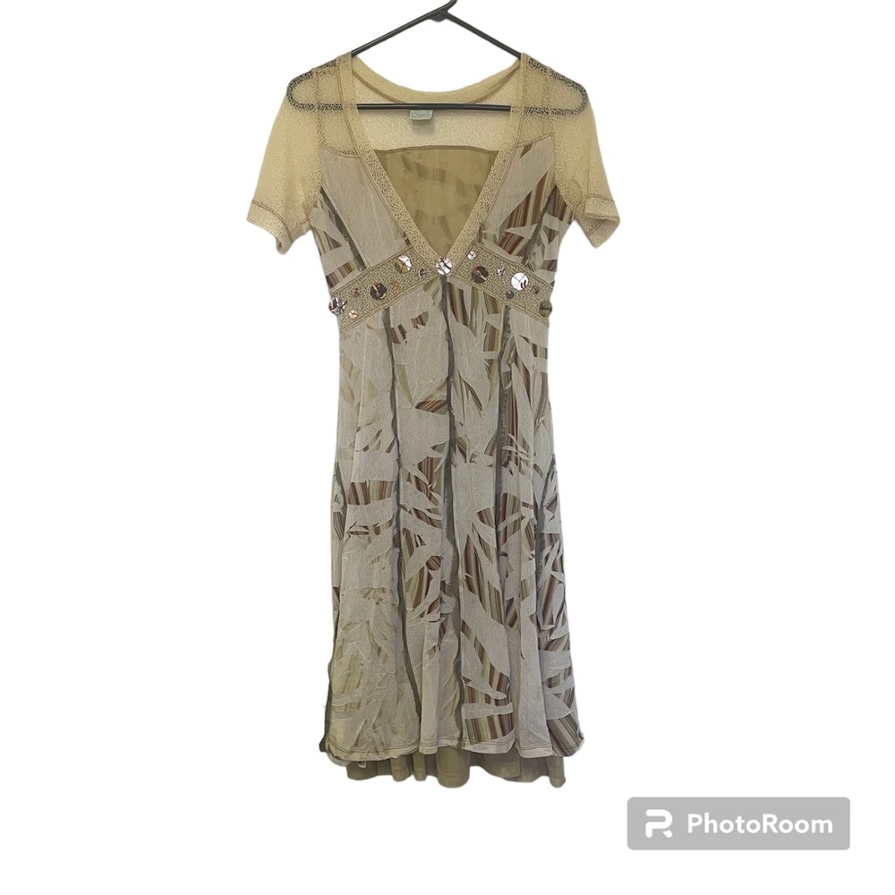Vintage 90's Y2K Legatte Jeans Brown White Printed Slip Dress Deep Vneck…